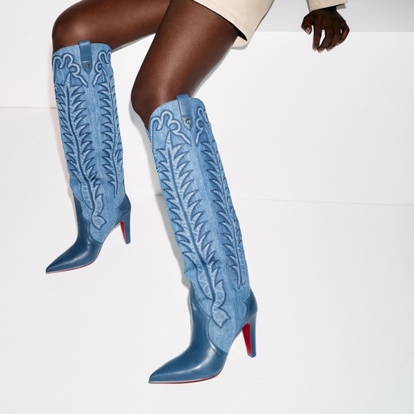 Christian Louboutin Shoes - Christian Louboutin Santia 85mm Knee-High Western Boots in Leather and Denim